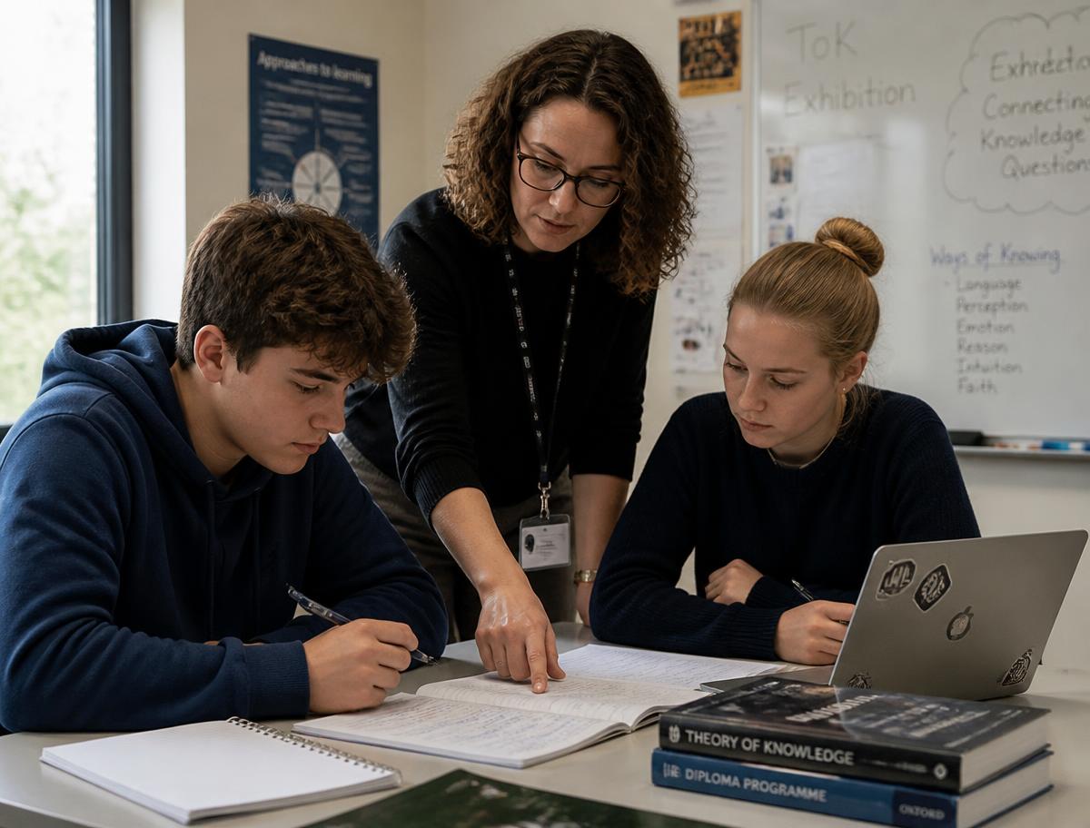 Teacher guiding two IB Diploma students in a small class